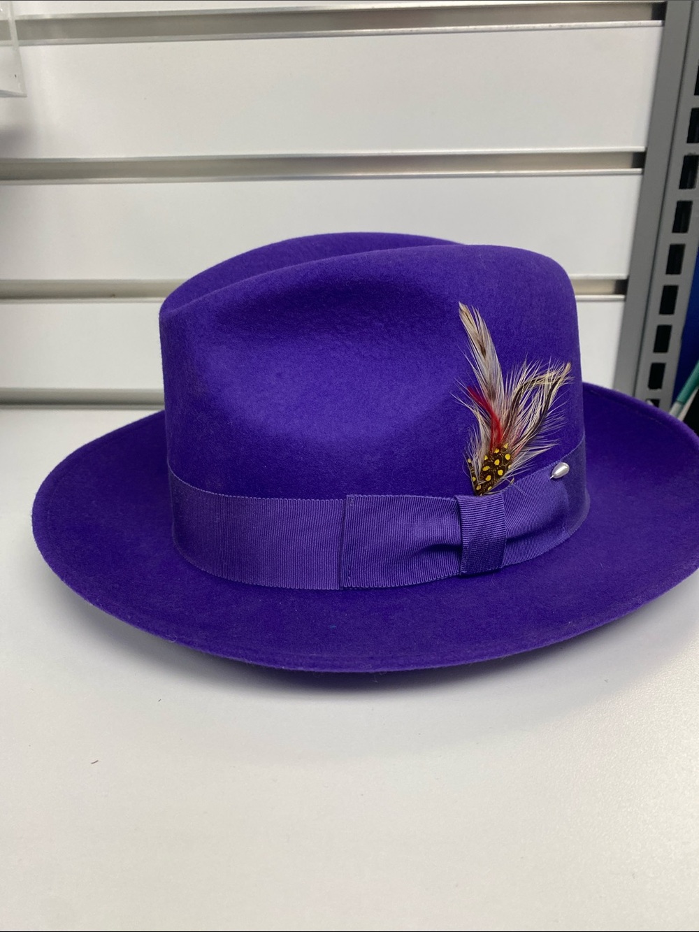 Men's Purple Felt Fedora with Feather Accent